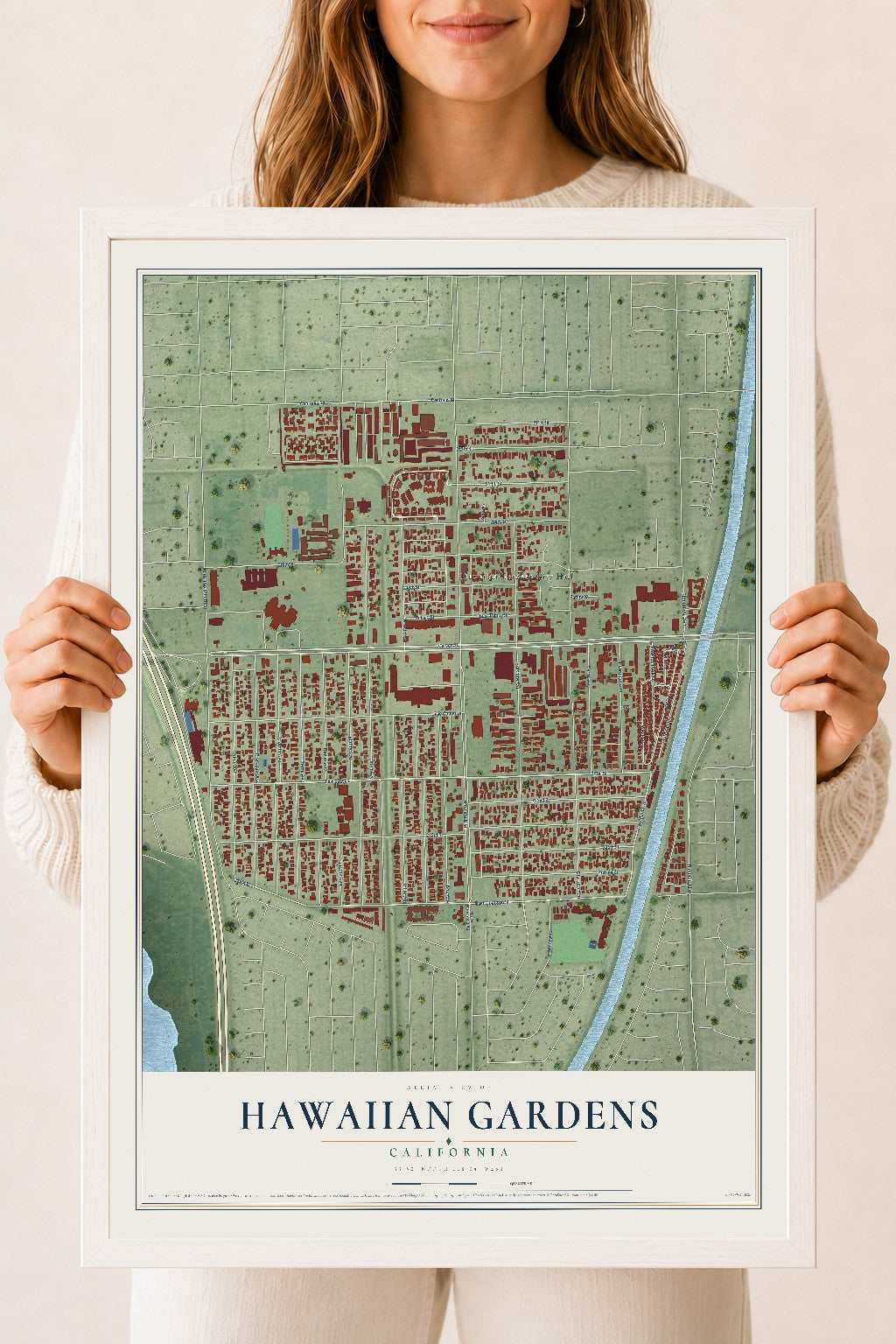 Map of Hawaiian Gardens, California, 18 x 24 inch print in a white wood frame