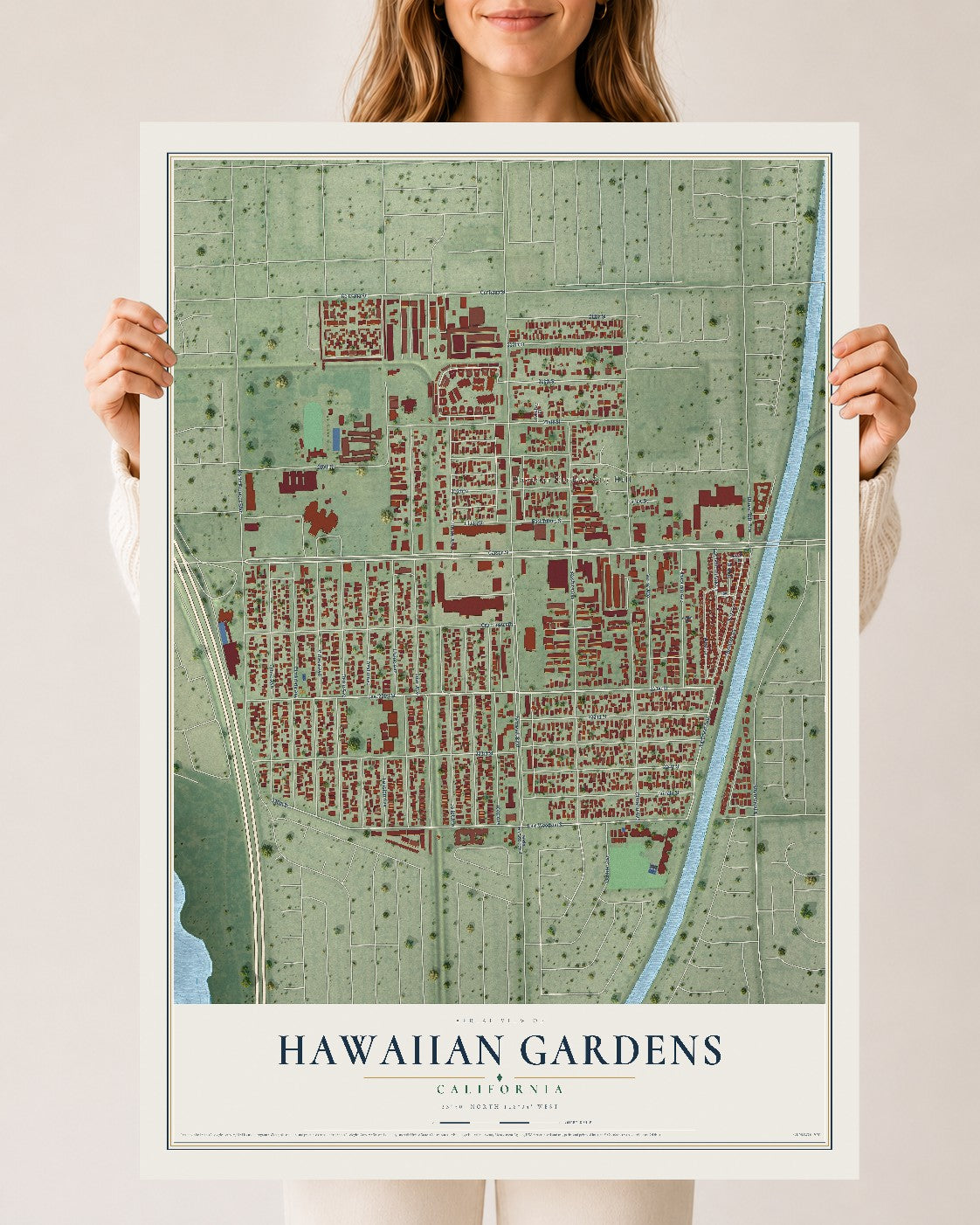 Map of Hawaiian Gardens, California, 24 x 36 inch unframed archival matte print