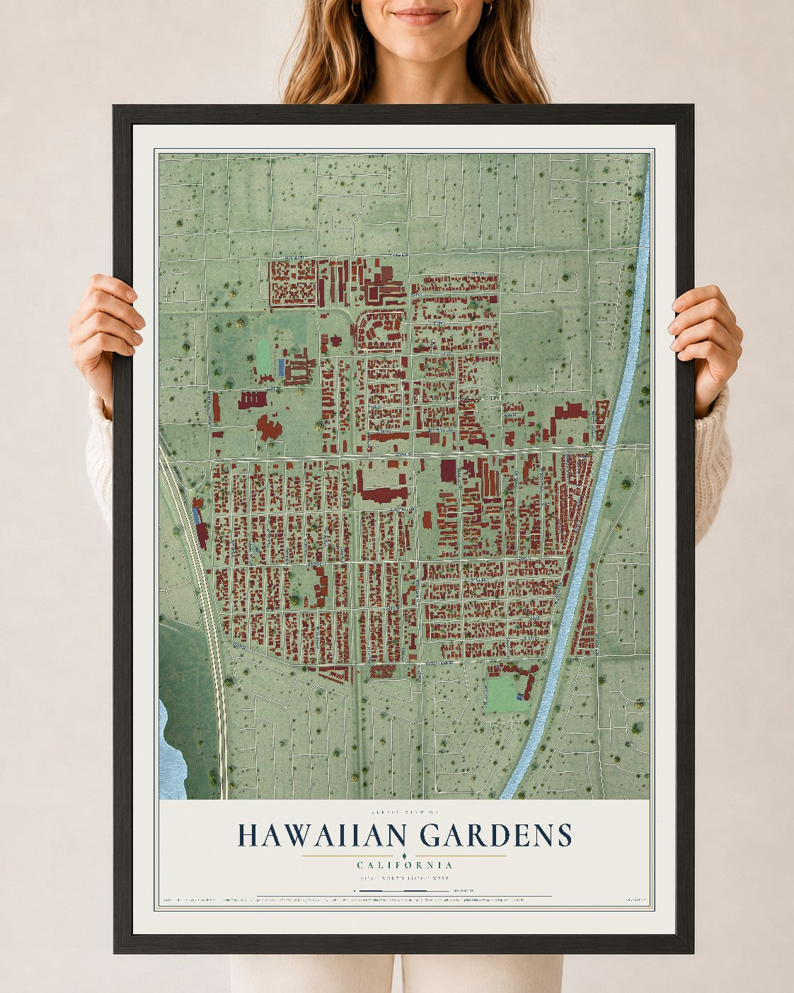 Map of Hawaiian Gardens, California, 24 x 36 inch print in a black wood frame