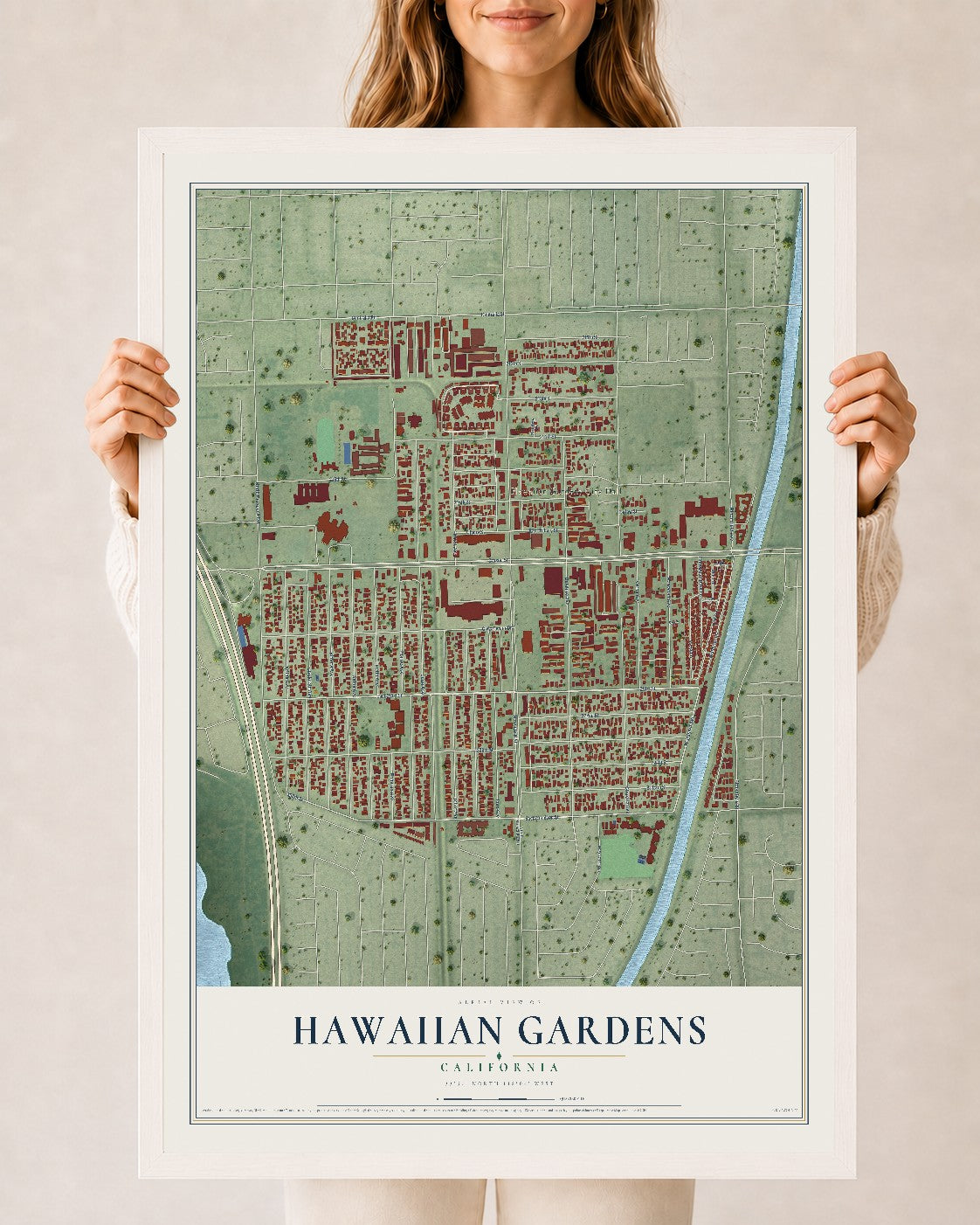 Map of Hawaiian Gardens, California, 24 x 36 inch print in a white wood frame