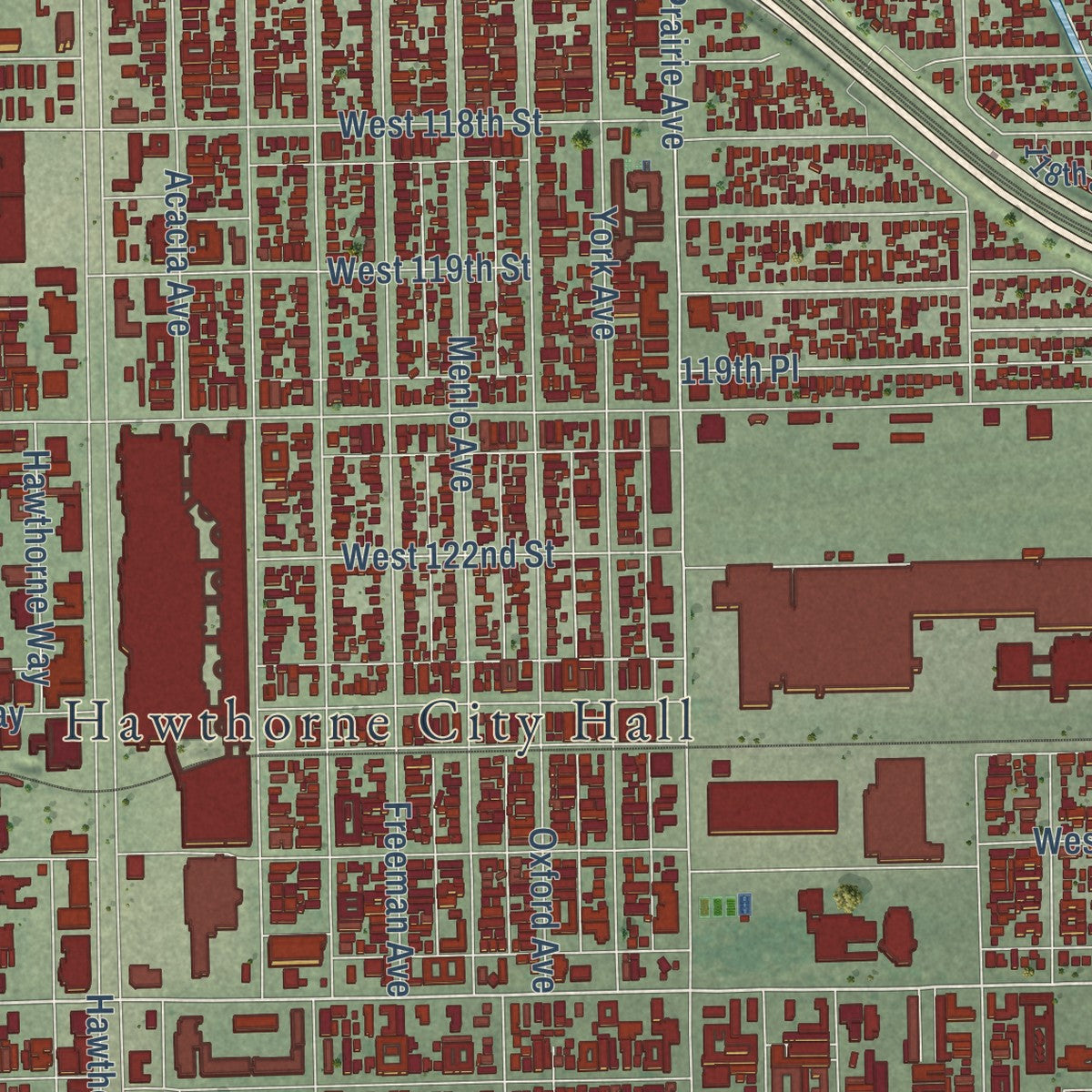 Close-up of the map of Hawthorne, California print showing street and building detail