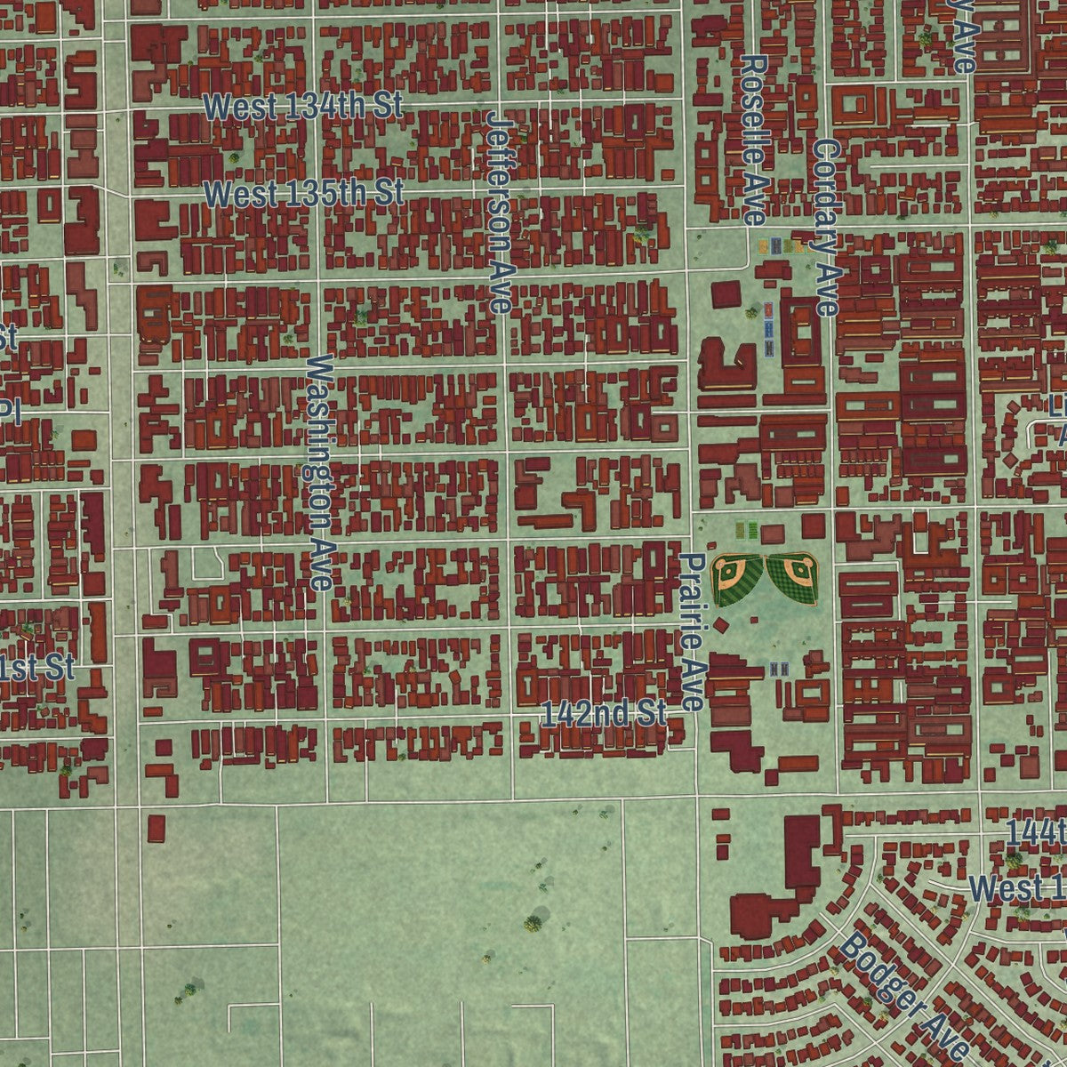Second close-up of the map of Hawthorne, California print showing more streets and buildings