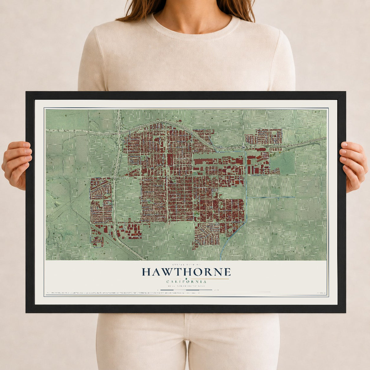 Map of Hawthorne, California, 12 x 18 inch print in a black wood frame