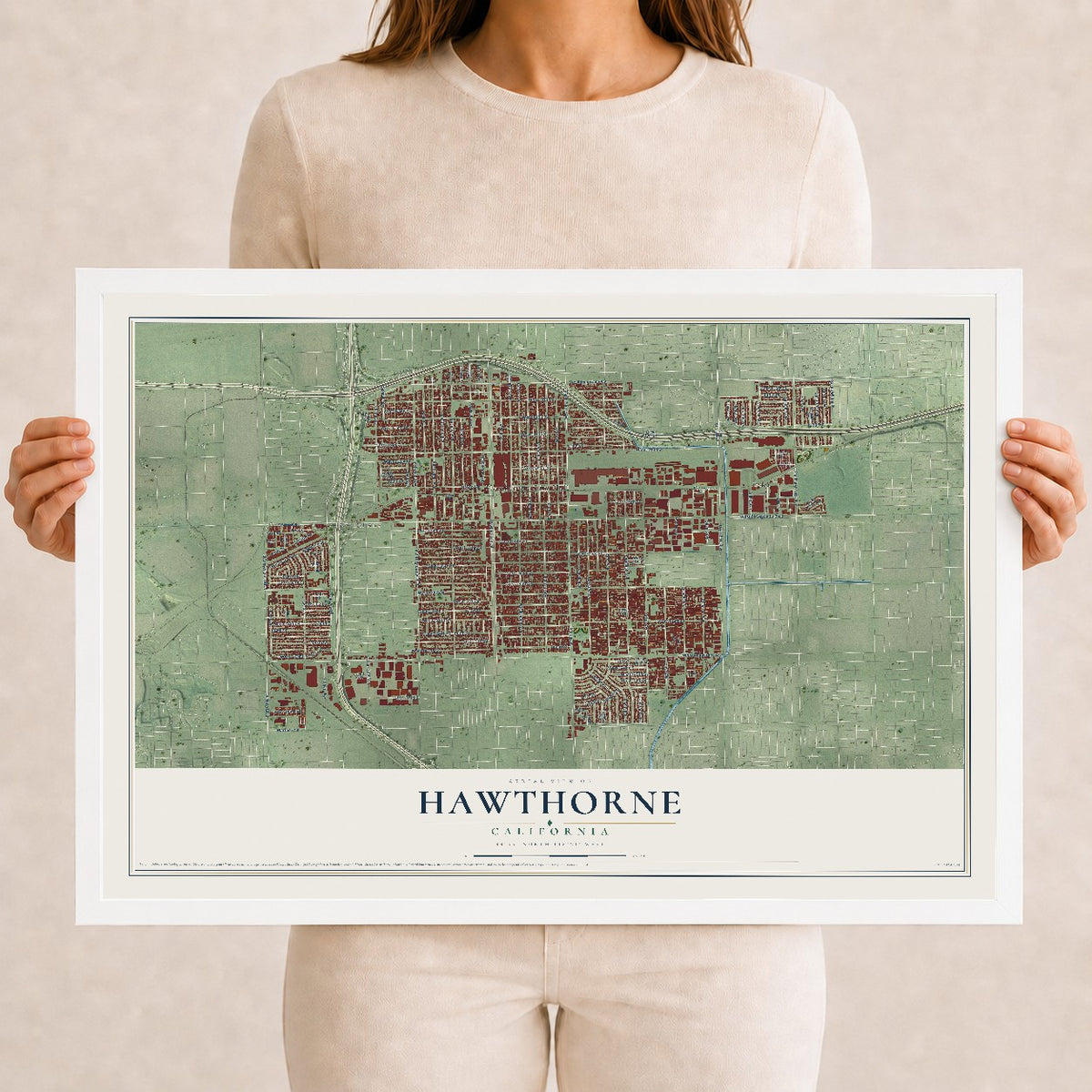 Map of Hawthorne, California, 12 x 18 inch print in a white wood frame