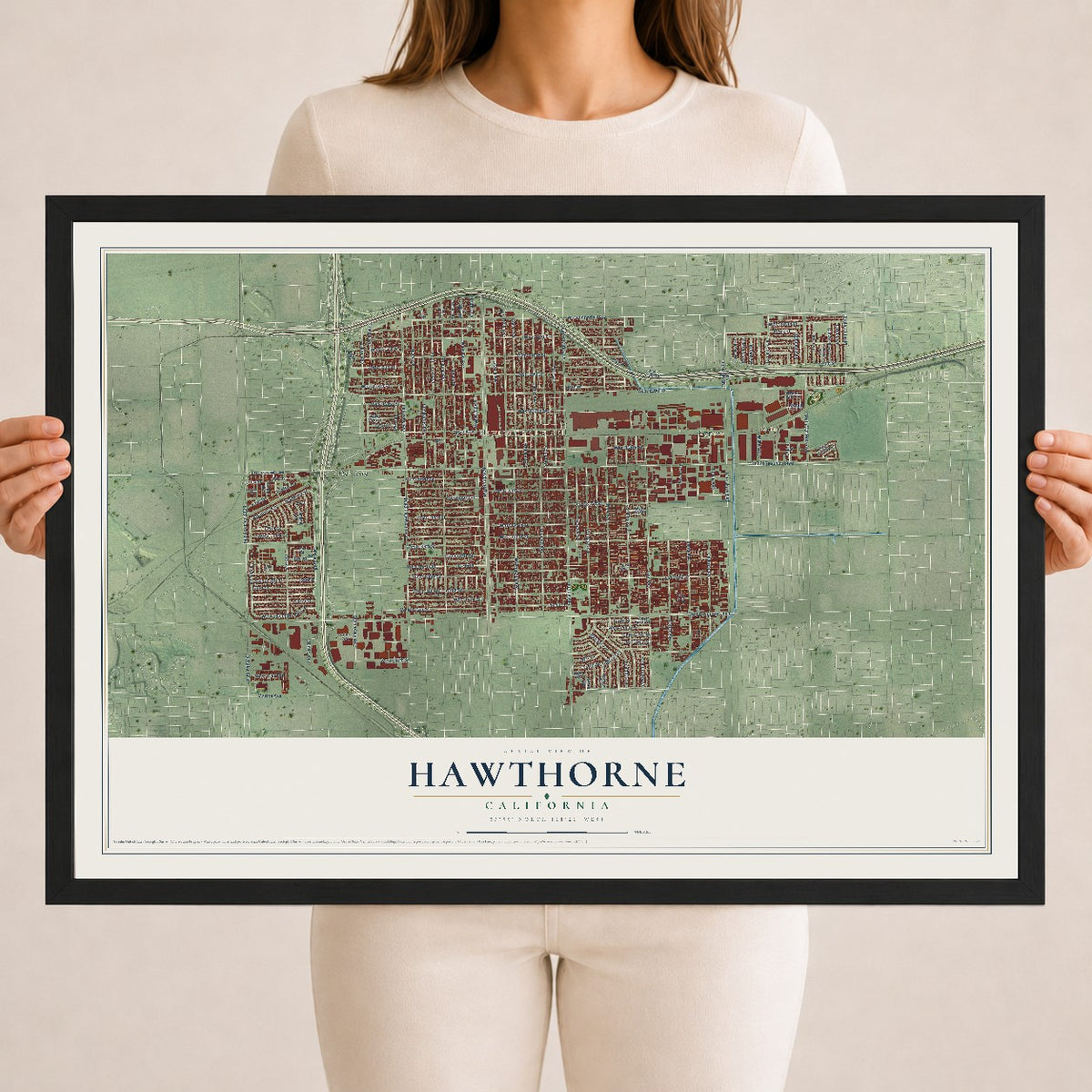 Map of Hawthorne, California, 18 x 24 inch print in a black wood frame