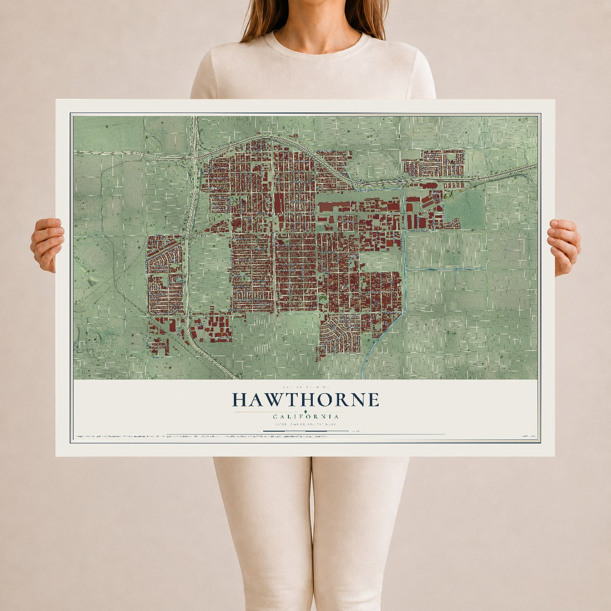 Map of Hawthorne, California, 24 x 36 inch unframed archival matte print