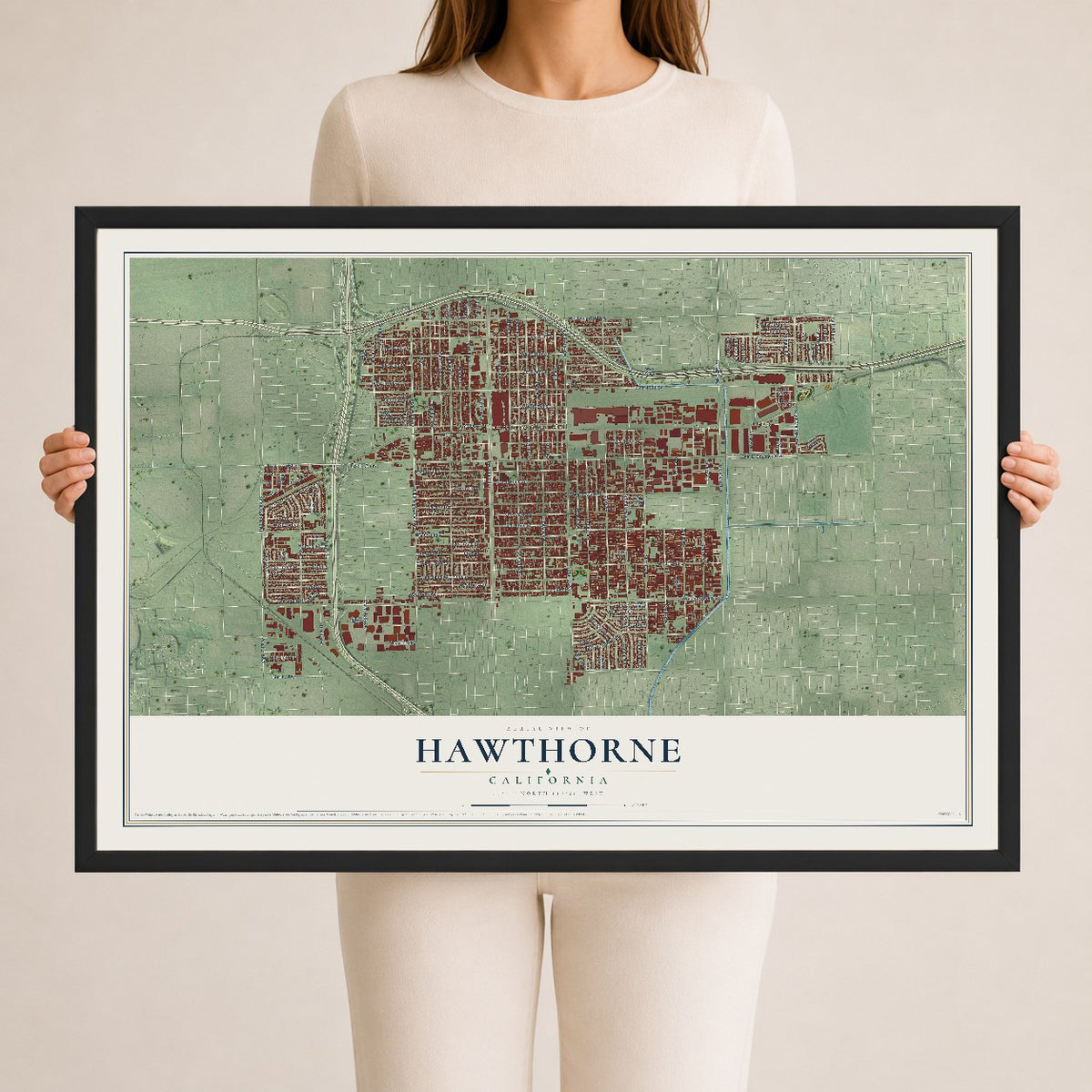 Map of Hawthorne, California, 24 x 36 inch print in a black wood frame