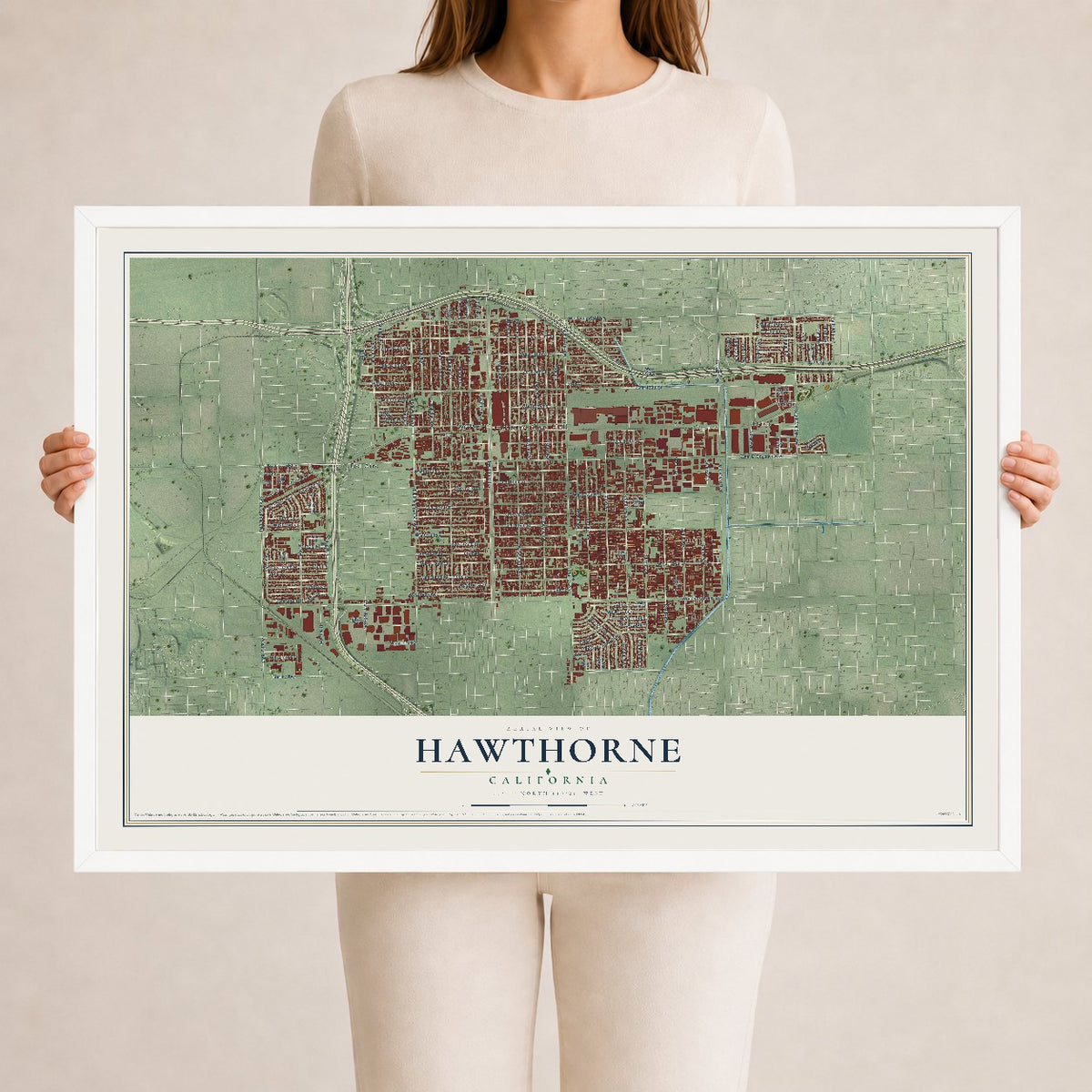 Map of Hawthorne, California, 24 x 36 inch print in a white wood frame