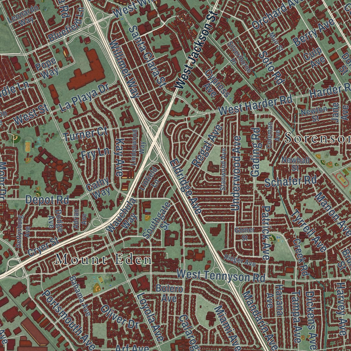 Close-up of the map of Hayward, California print showing street and building detail