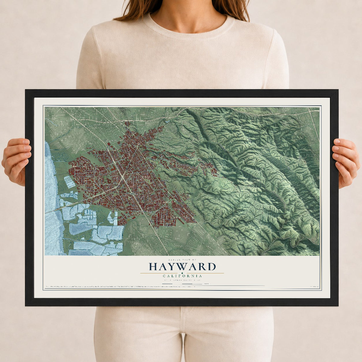 Map of Hayward, California, 12 x 18 inch print in a black wood frame