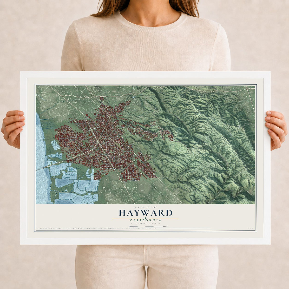 Map of Hayward, California, 12 x 18 inch print in a white wood frame