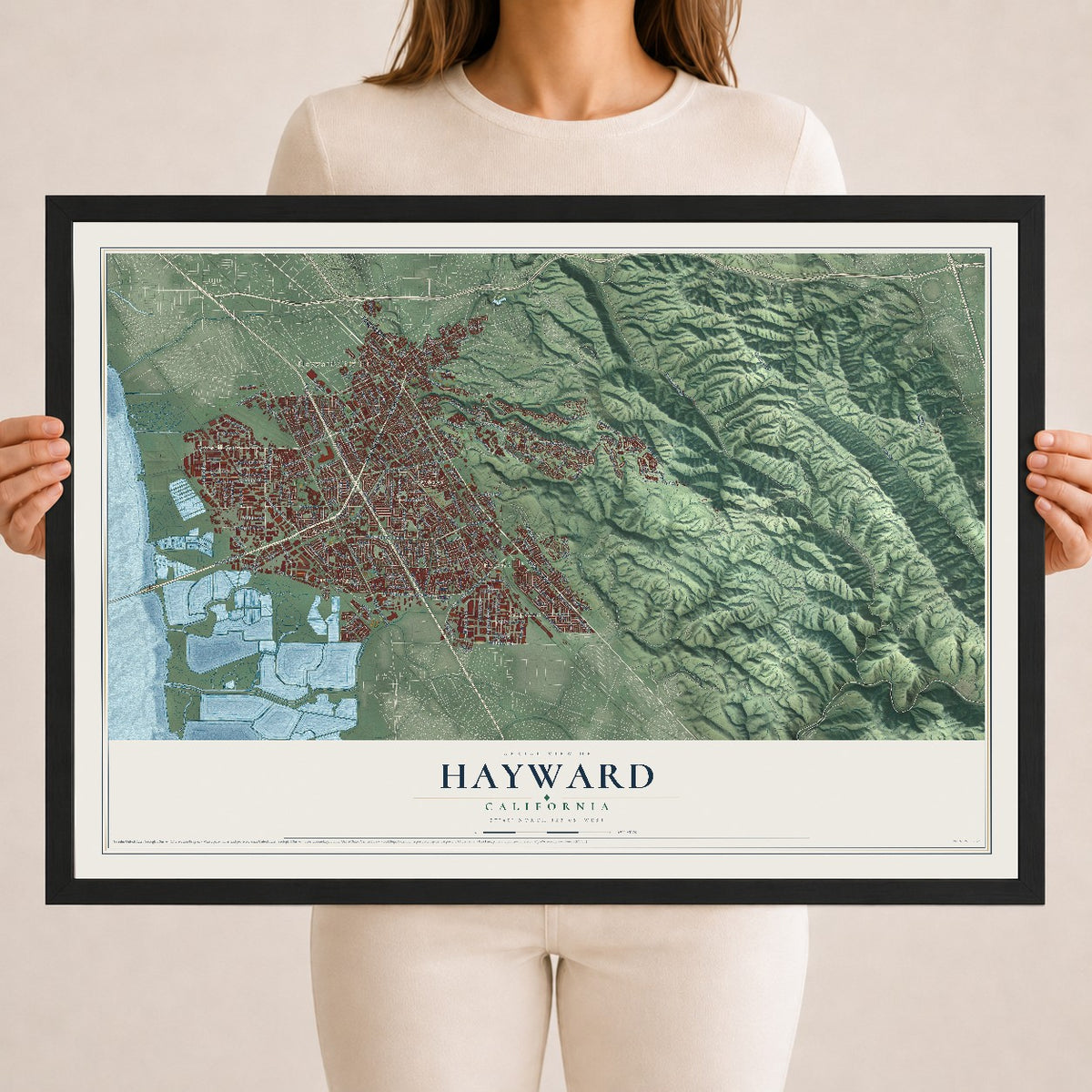 Map of Hayward, California, 18 x 24 inch print in a black wood frame