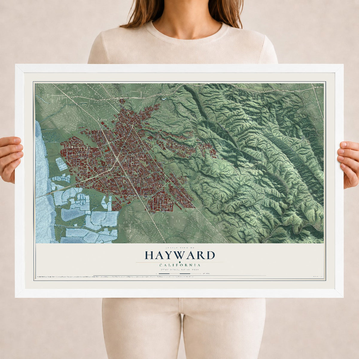 Map of Hayward, California, 18 x 24 inch print in a white wood frame