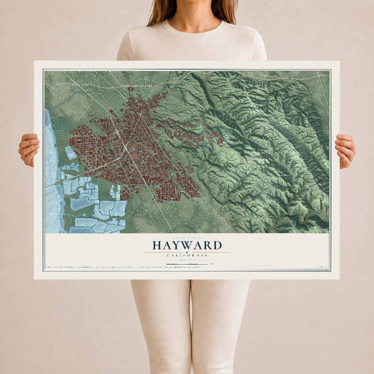 Map of Hayward, California, 24 x 36 inch unframed archival matte print