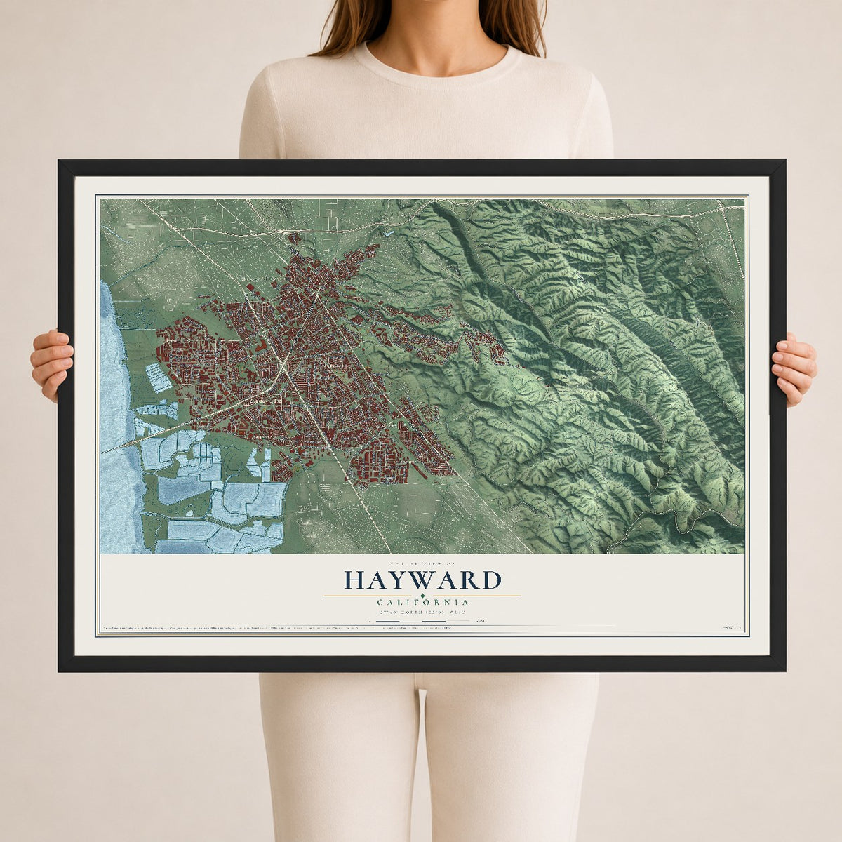 Map of Hayward, California, 24 x 36 inch print in a black wood frame