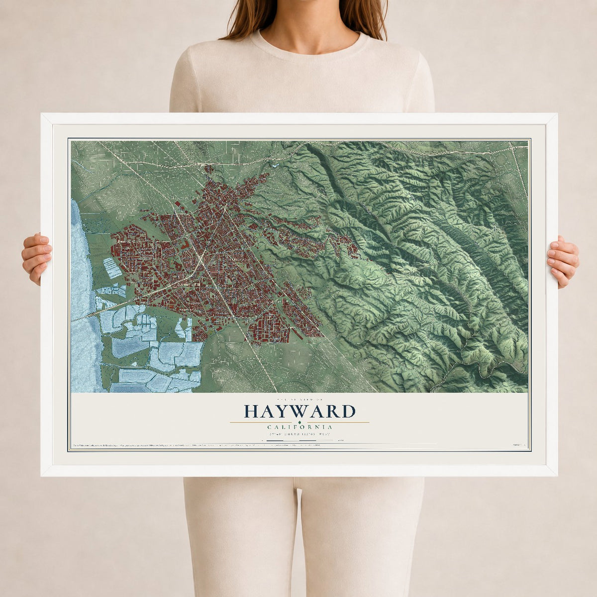 Map of Hayward, California, 24 x 36 inch print in a white wood frame