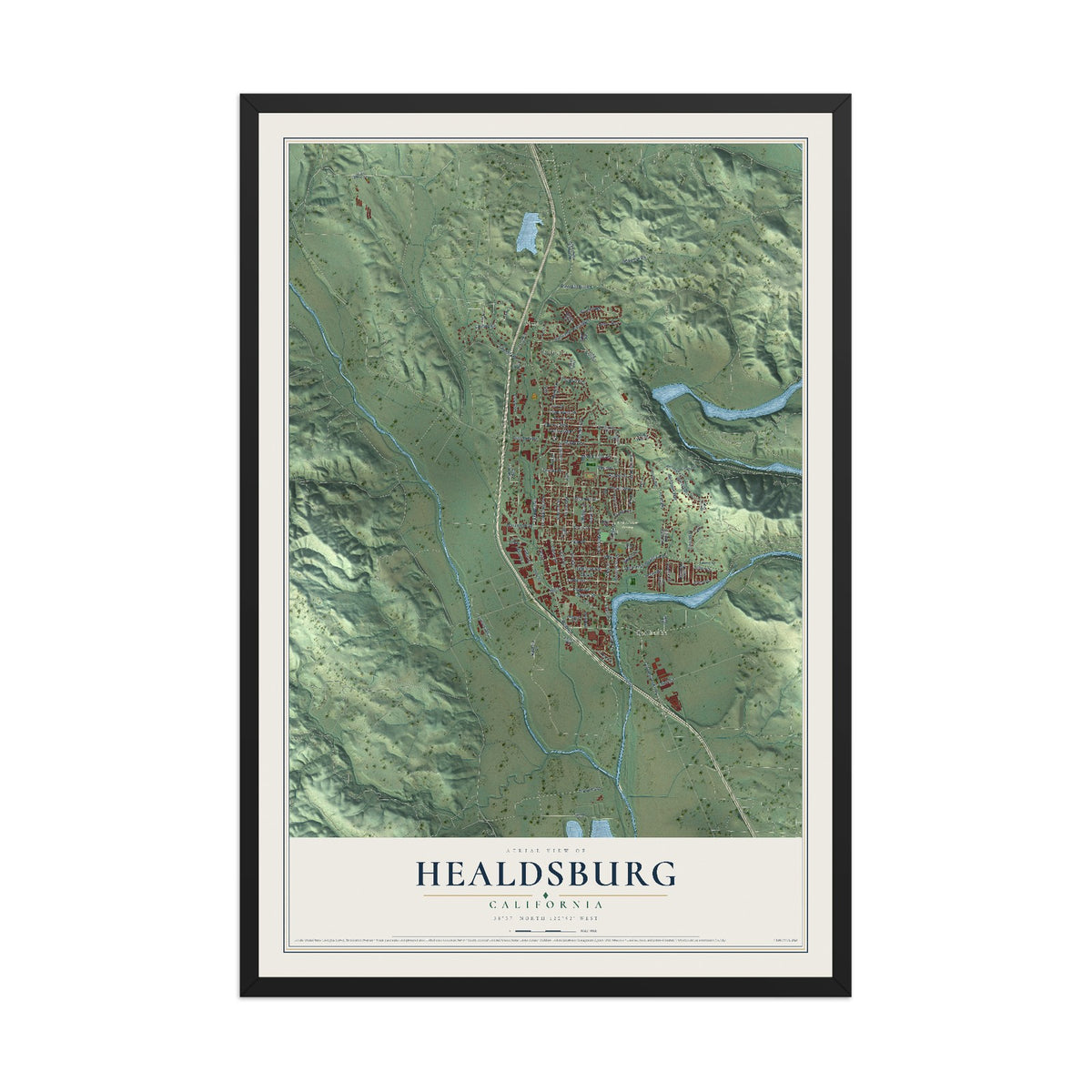 Map of Healdsburg, California, 12 x 18 inch print in a black wood frame