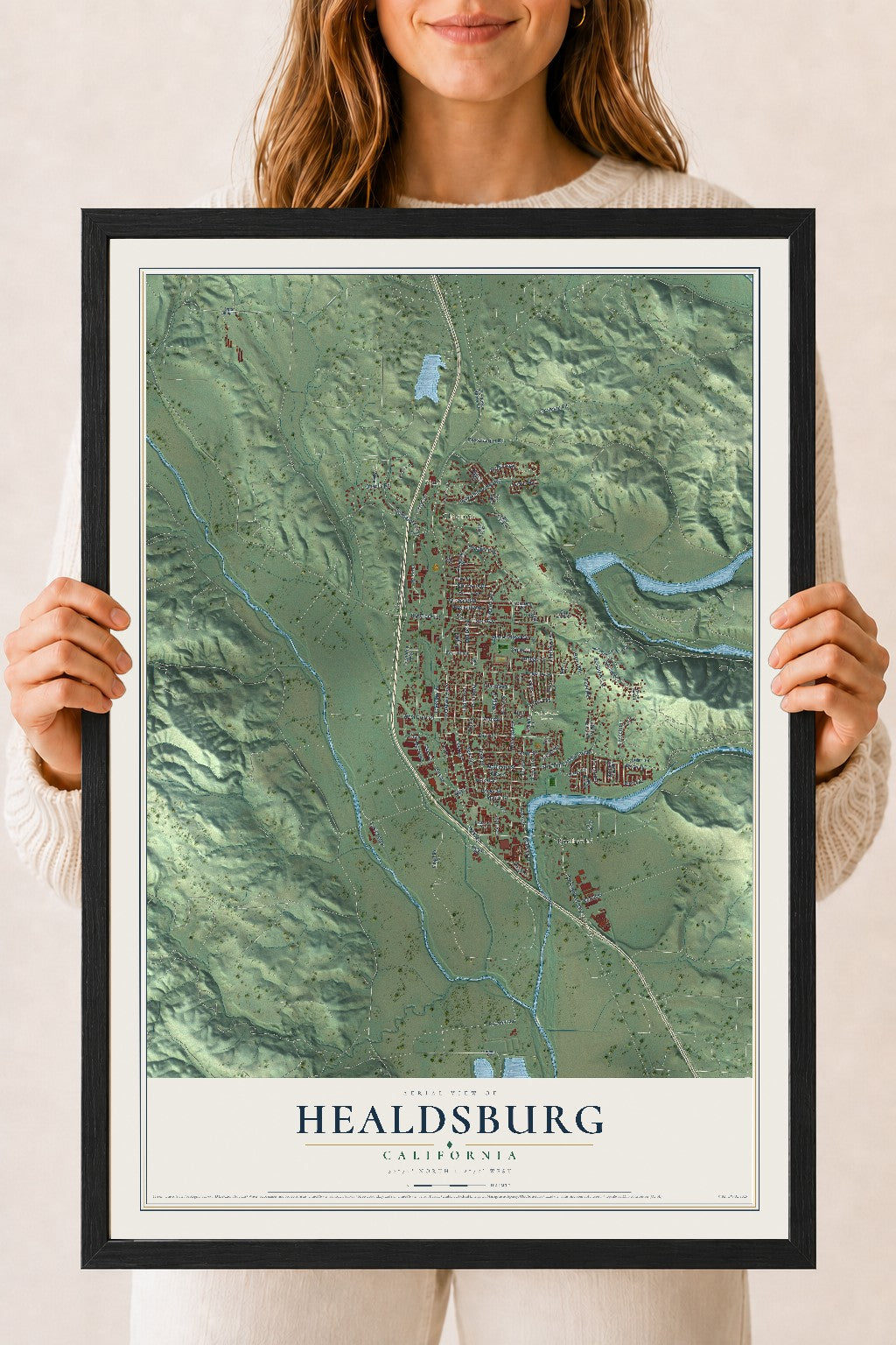 Map of Healdsburg, California, 18 x 24 inch print in a black wood frame