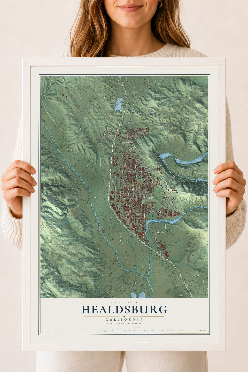 Map of Healdsburg, California, 18 x 24 inch print in a white wood frame