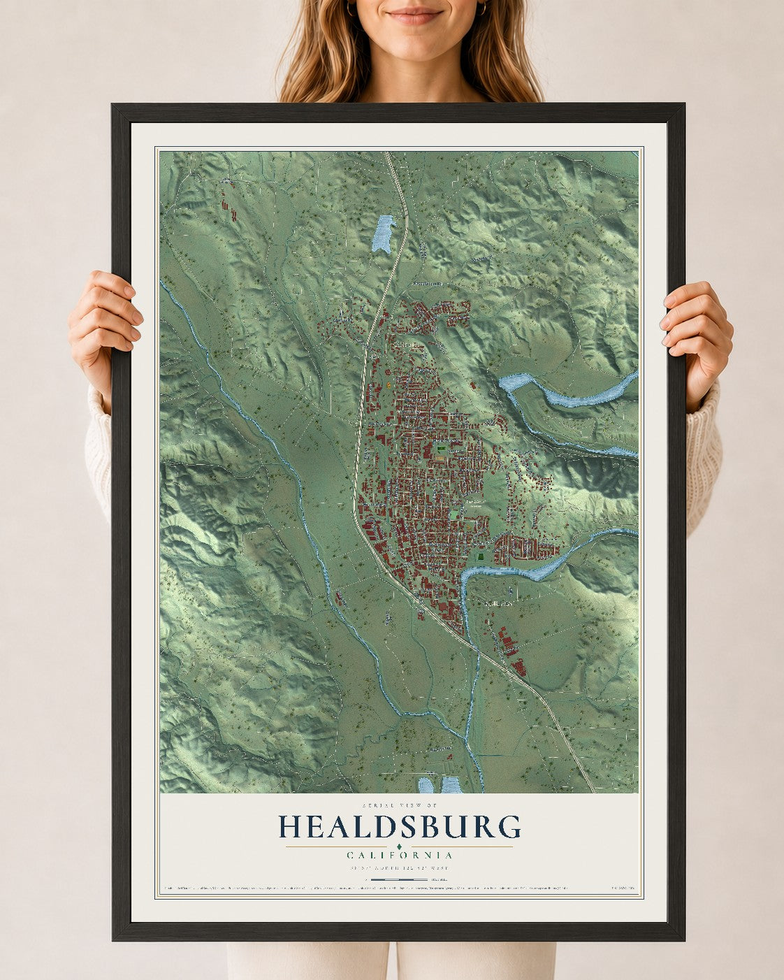 Map of Healdsburg, California, 24 x 36 inch print in a black wood frame