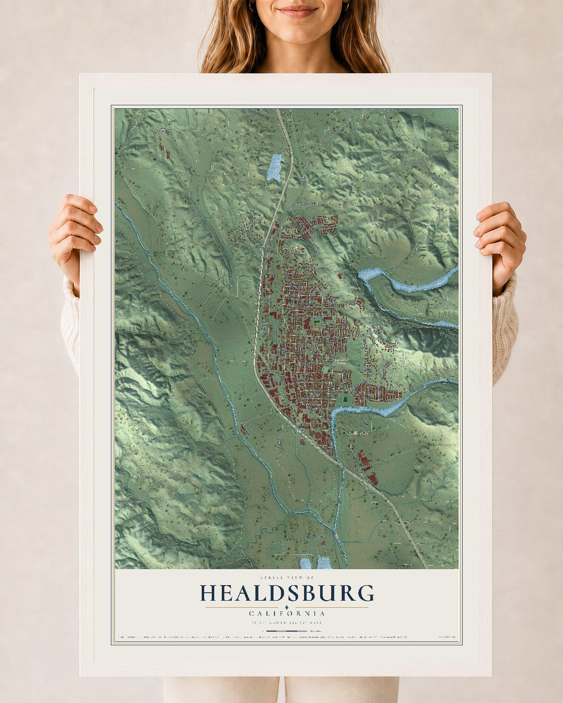Map of Healdsburg, California, 24 x 36 inch print in a white wood frame