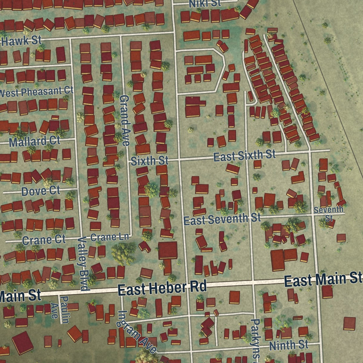 Close-up of the map of Heber, California print showing street and building detail