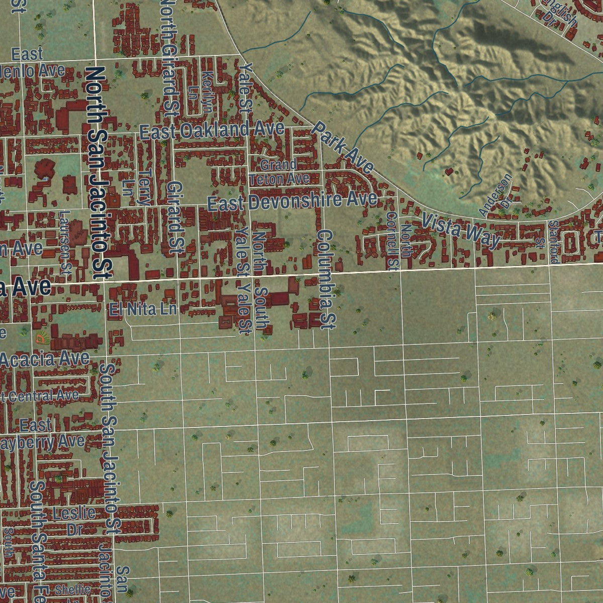 Second close-up of the map of Hemet, California print showing more streets and buildings
