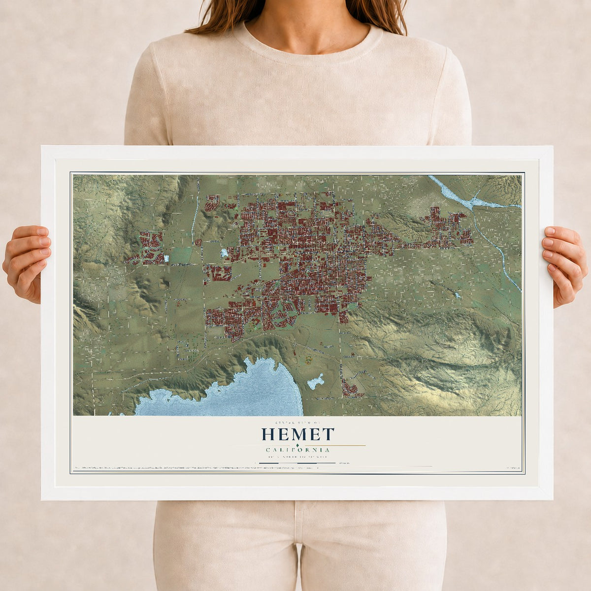 Map of Hemet, California, 12 x 18 inch print in a white wood frame