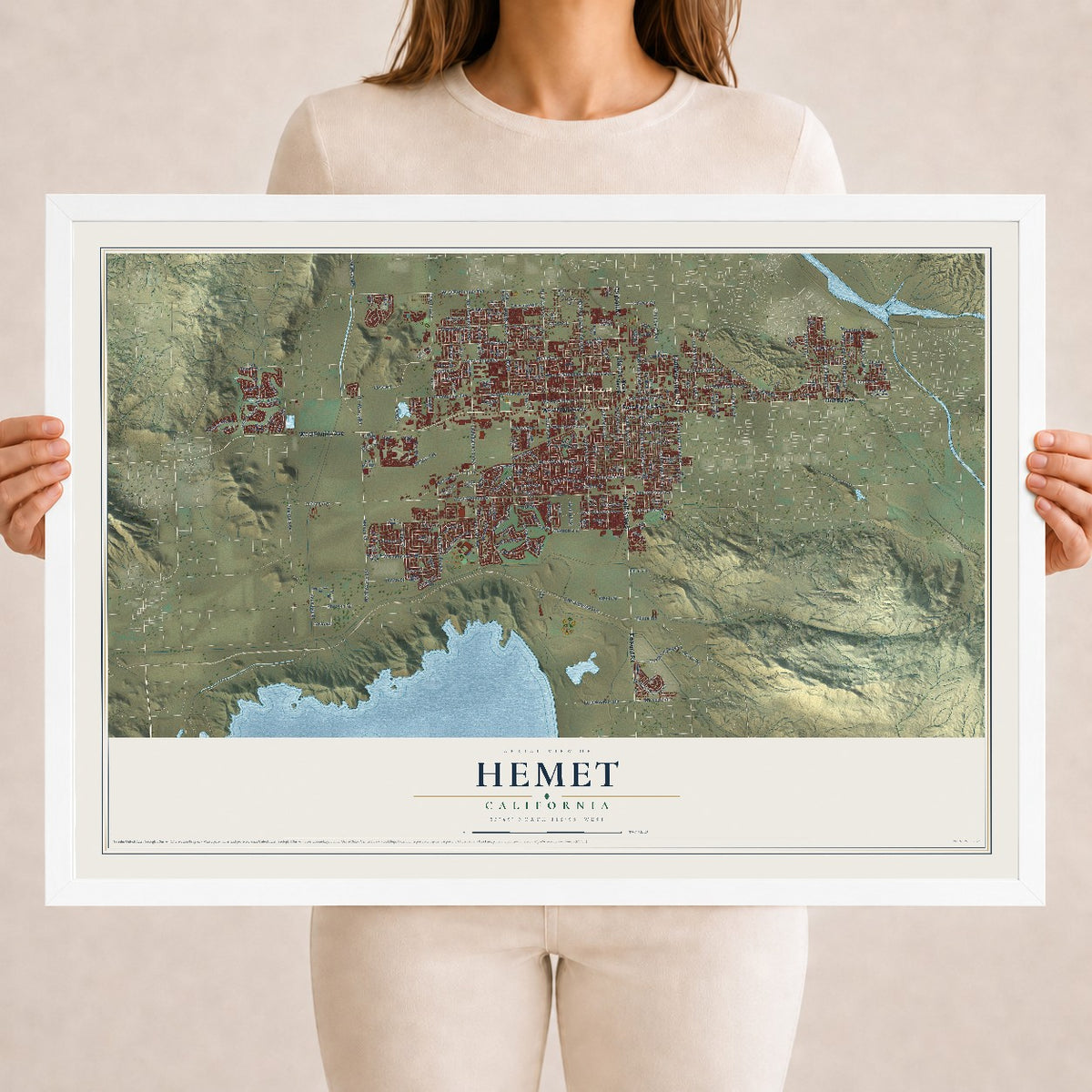 Map of Hemet, California, 18 x 24 inch print in a white wood frame