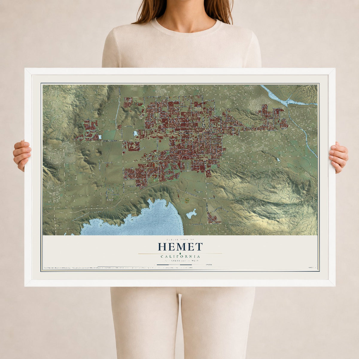 Map of Hemet, California, 24 x 36 inch print in a white wood frame