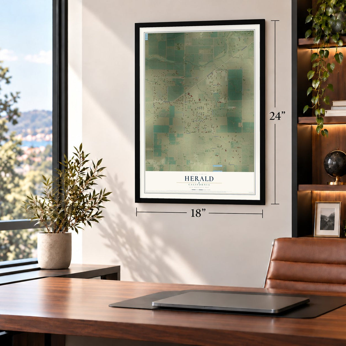Herald, California map, 18 x 24 inch print in a black frame in a home office