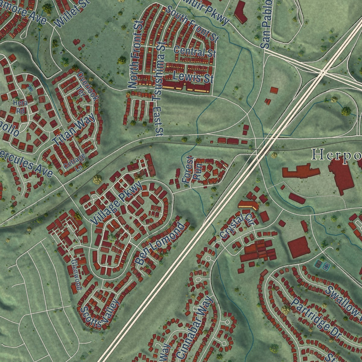 Second close-up of the map of Hercules, California print showing more streets and buildings