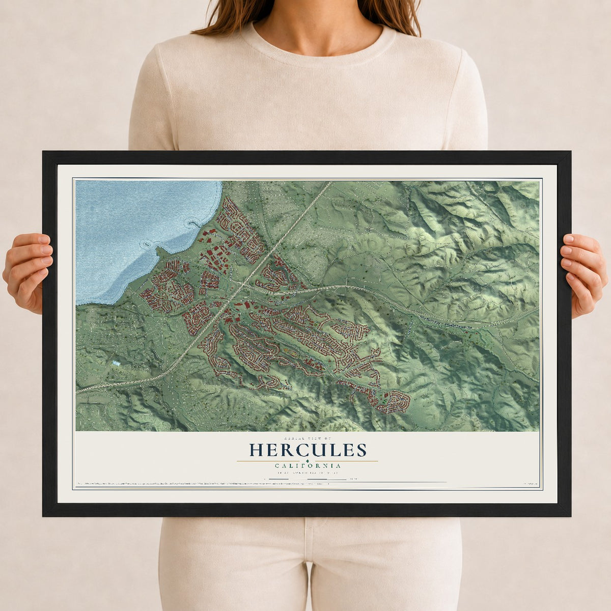 Map of Hercules, California, 12 x 18 inch print in a black wood frame