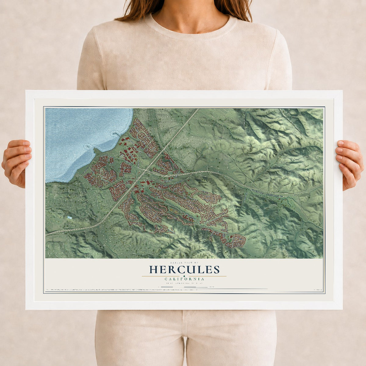Map of Hercules, California, 12 x 18 inch print in a white wood frame