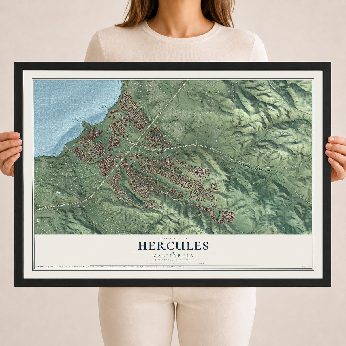 Map of Hercules, California, 18 x 24 inch print in a black wood frame