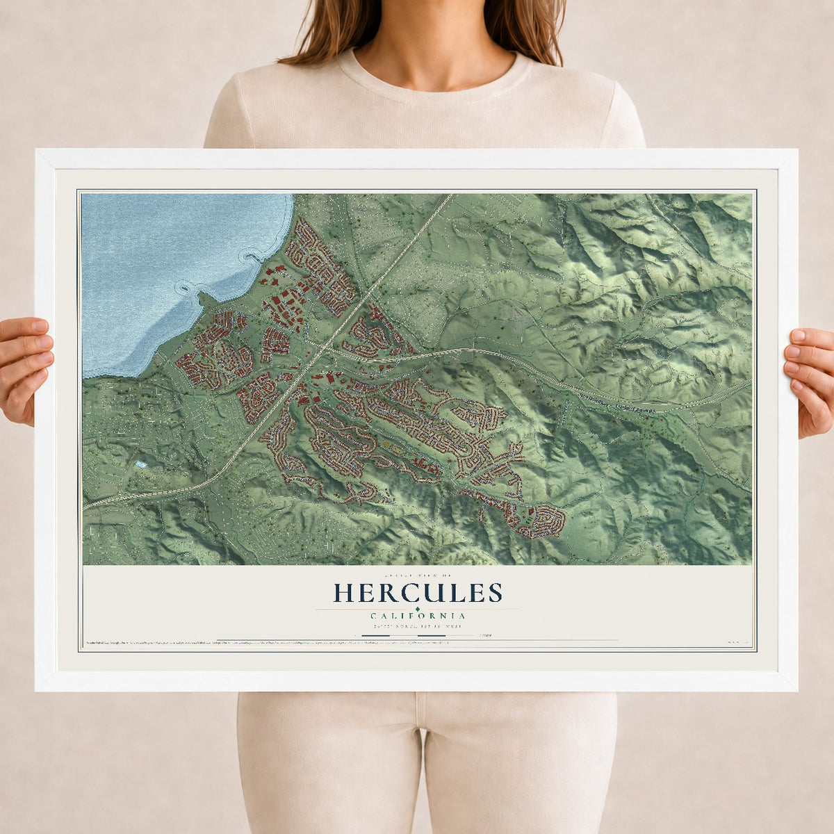 Map of Hercules, California, 18 x 24 inch print in a white wood frame