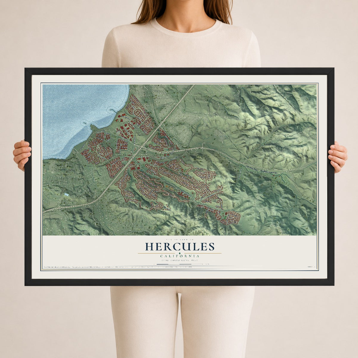 Map of Hercules, California, 24 x 36 inch print in a black wood frame