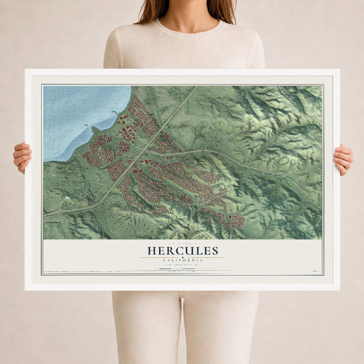 Map of Hercules, California, 24 x 36 inch print in a white wood frame
