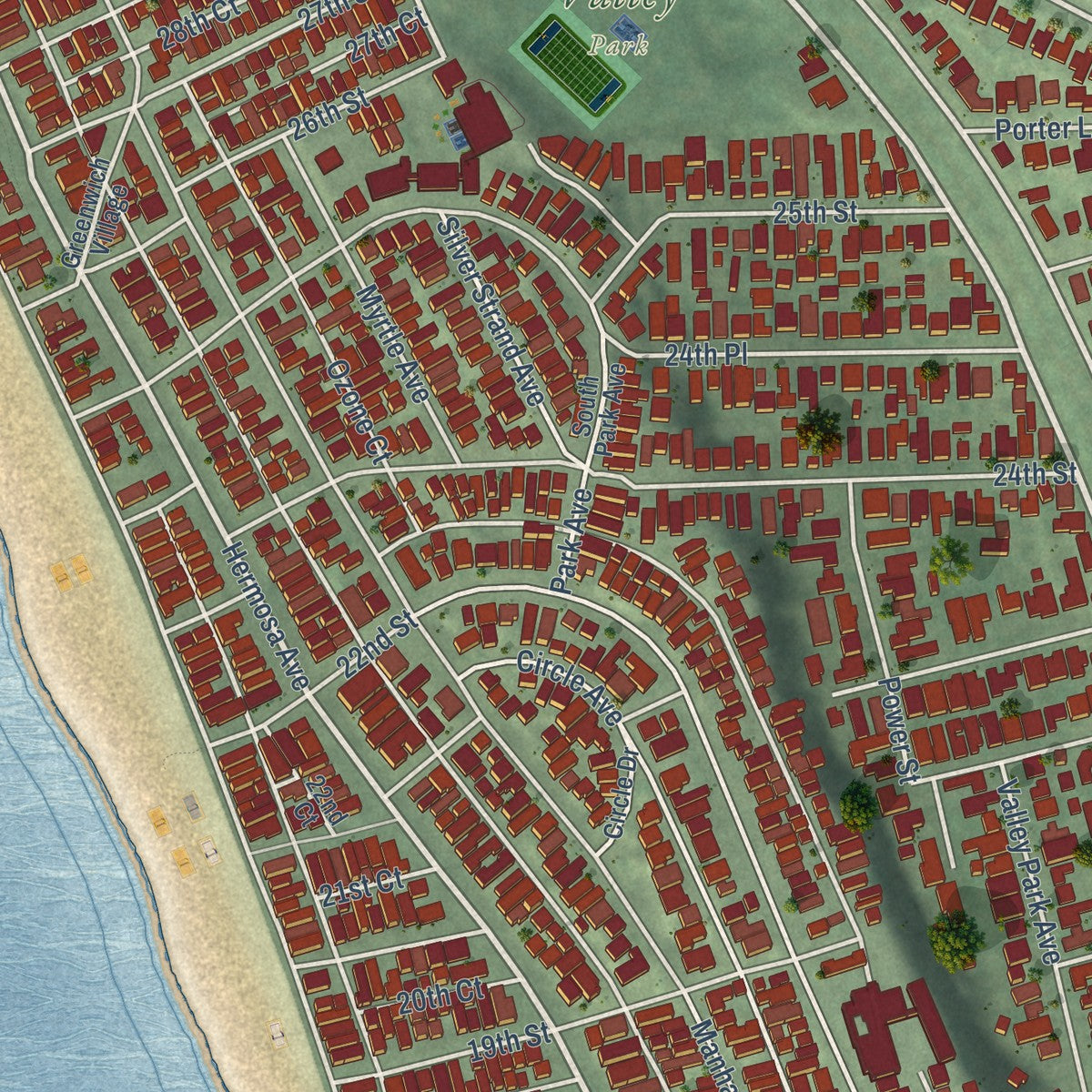 Second close-up of the map of Hermosa Beach, California print showing more streets and buildings