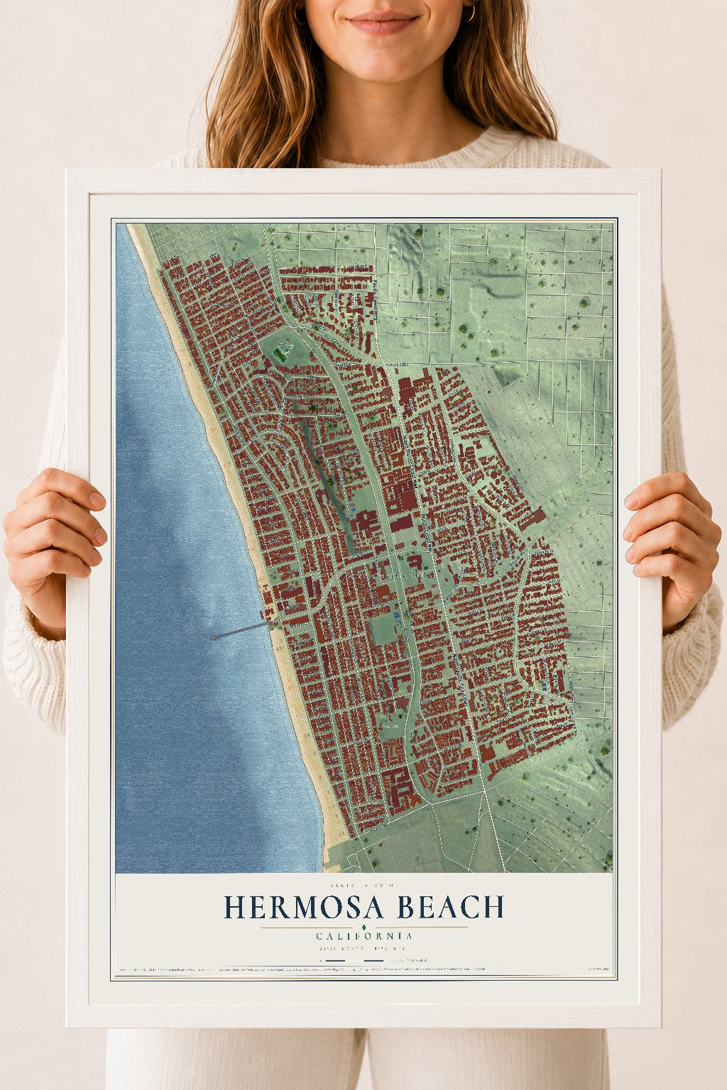 Map of Hermosa Beach, California, 18 x 24 inch print in a white wood frame