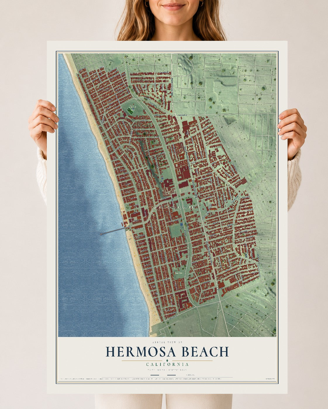 Map of Hermosa Beach, California, 24 x 36 inch unframed archival matte print