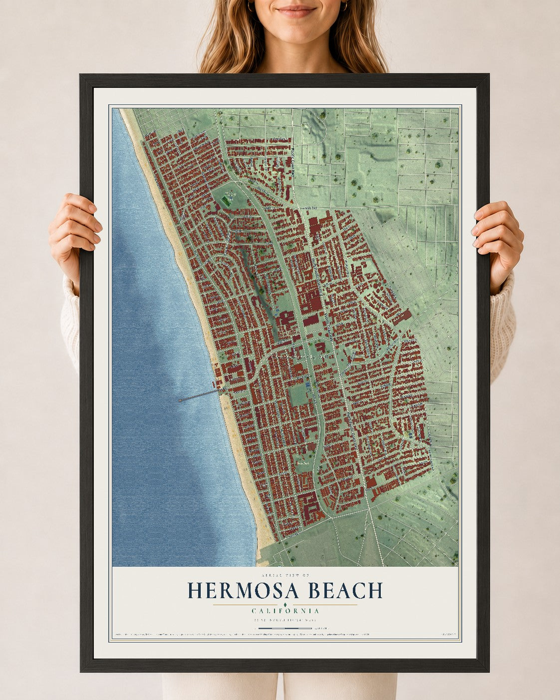 Map of Hermosa Beach, California, 24 x 36 inch print in a black wood frame