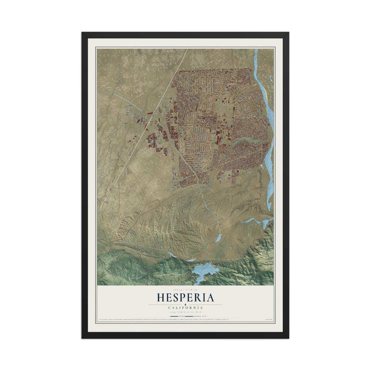 Map of Hesperia, California, 12 x 18 inch print in a black wood frame
