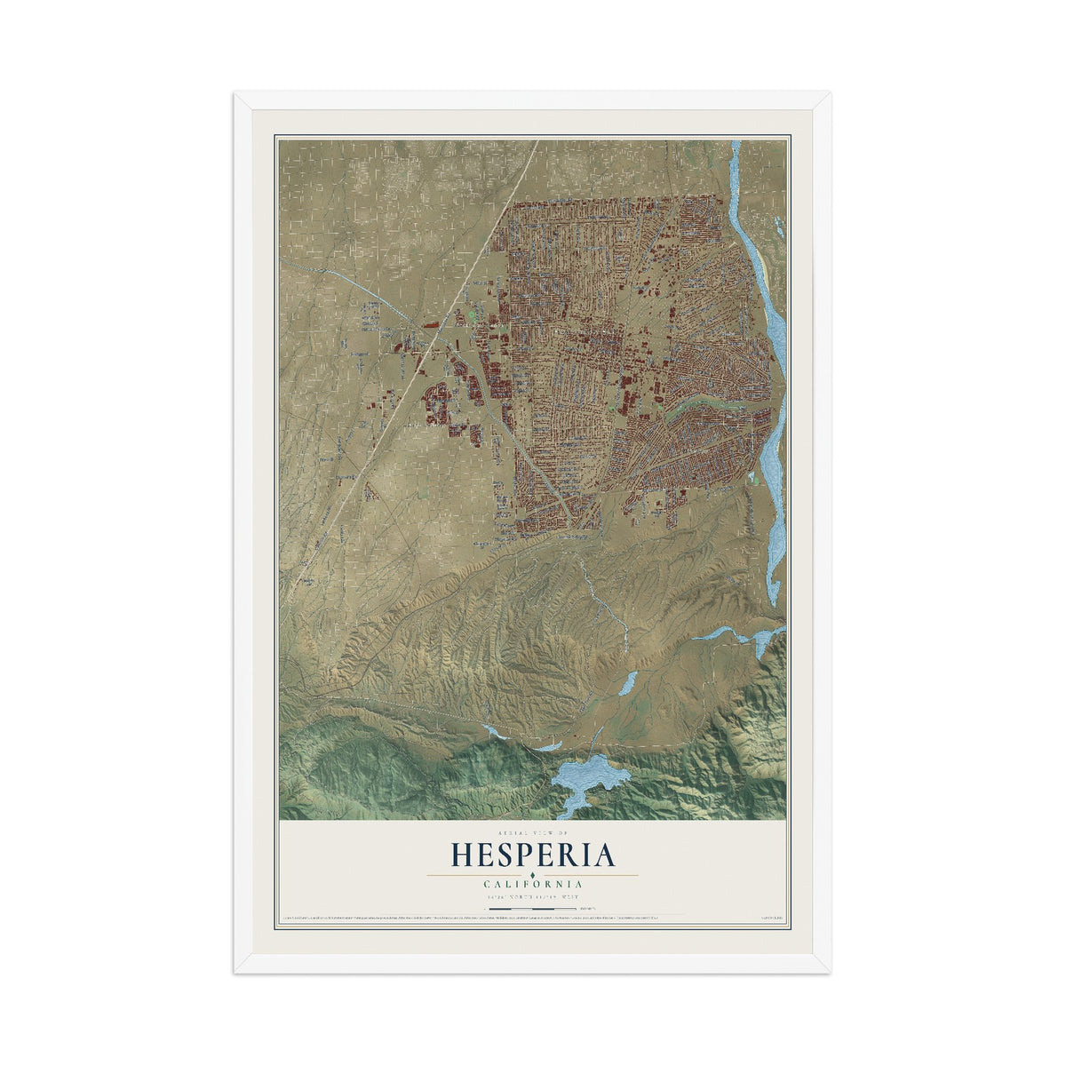 Map of Hesperia, California, 12 x 18 inch print in a white wood frame