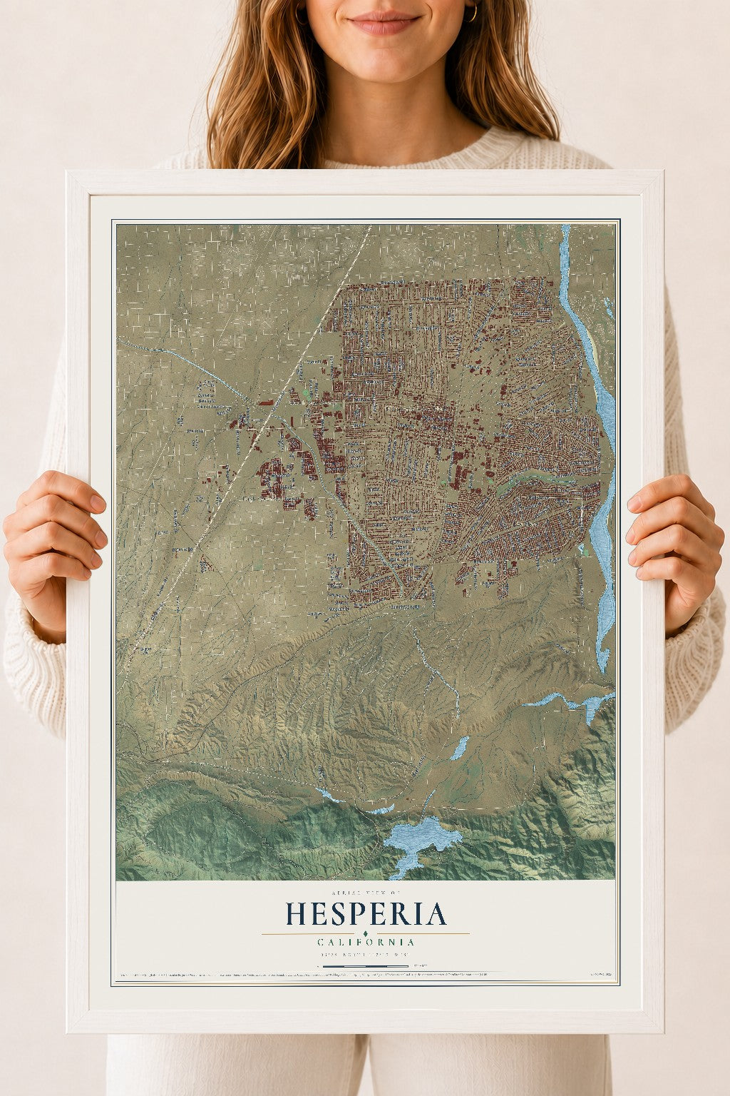 Map of Hesperia, California, 18 x 24 inch print in a white wood frame