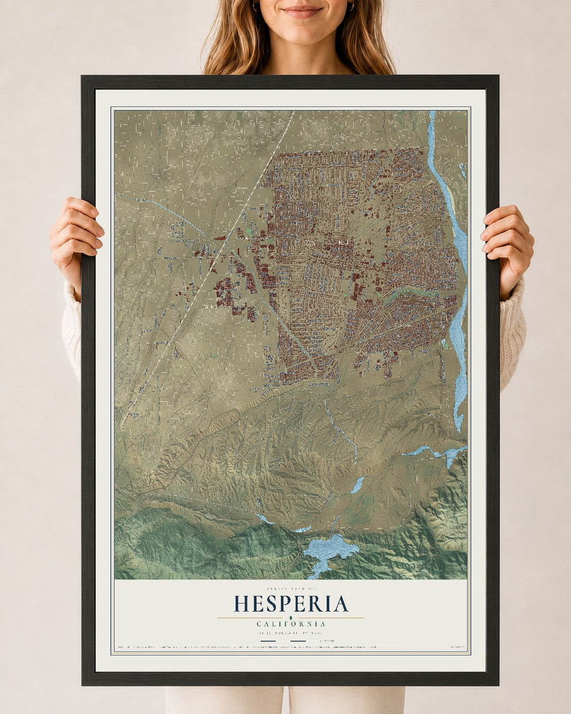 Map of Hesperia, California, 24 x 36 inch print in a black wood frame