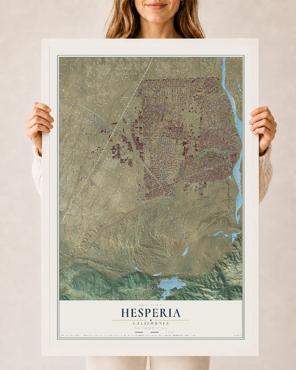 Map of Hesperia, California, 24 x 36 inch print in a white wood frame