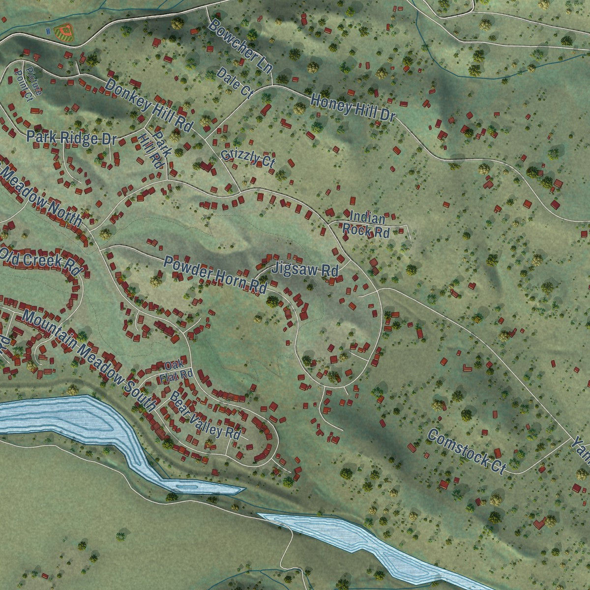 Second close-up of the map of Hidden Valley Lake, California print showing more streets and buildings