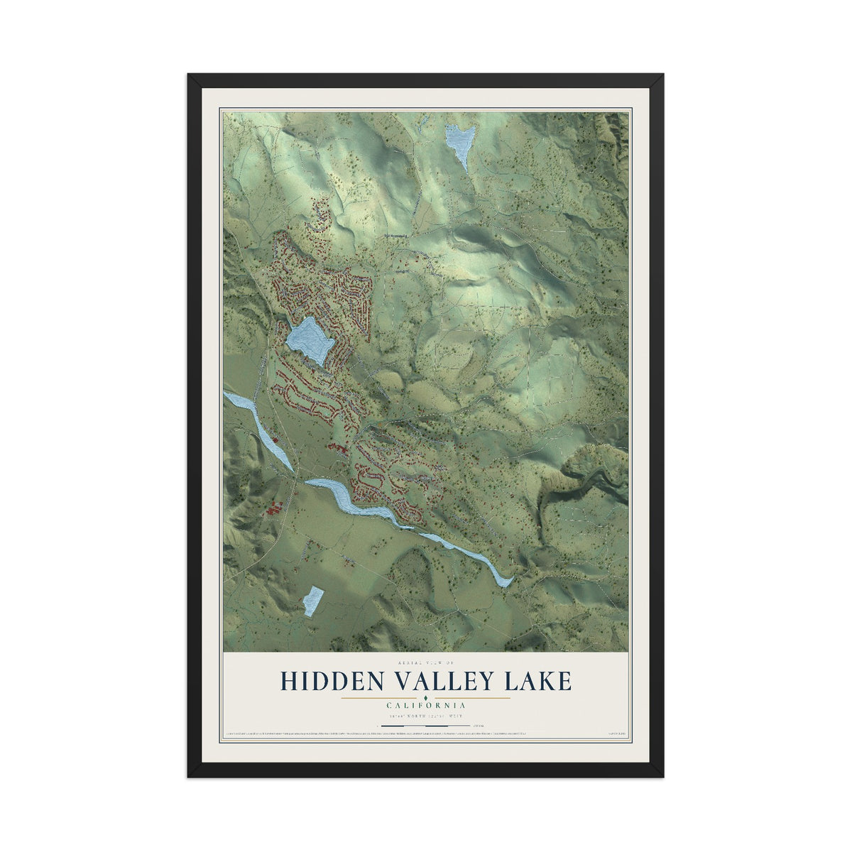 Map of Hidden Valley Lake, California, 12 x 18 inch print in a black wood frame