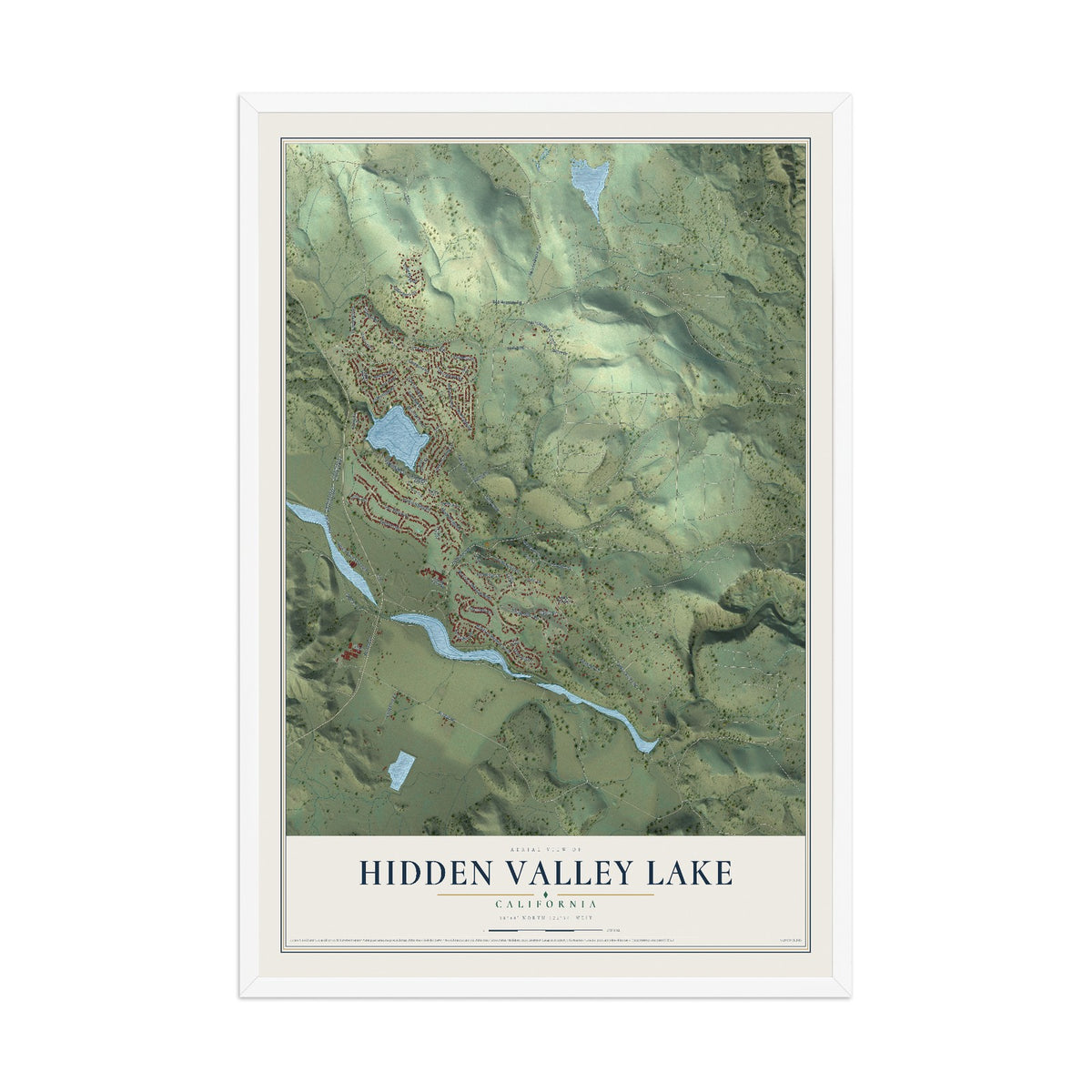 Map of Hidden Valley Lake, California, 12 x 18 inch print in a white wood frame